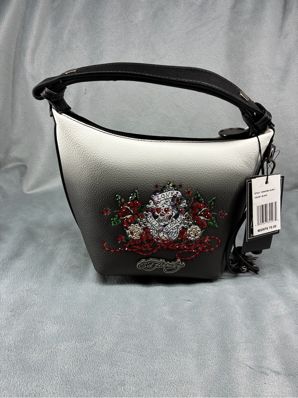 Ed Hardy Black & White Ombre Skull Rose Shoulder Bag